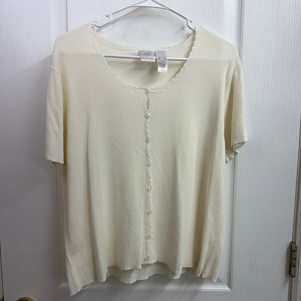 Vintage Emma James women's cream ribbed soft knit embroidered hem cardigan XL